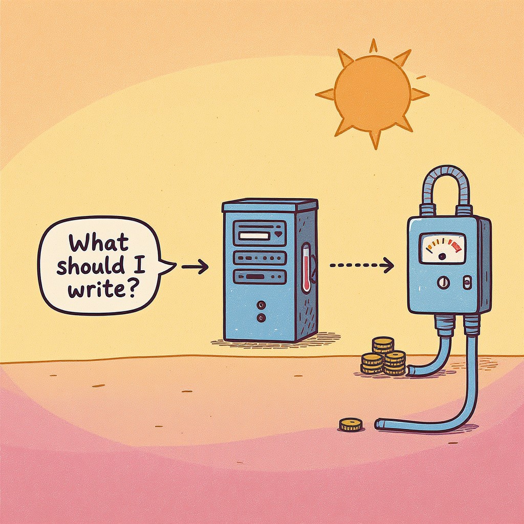 Storybook editorial illustration of a prompt bubble flowing through a server tower to a power meter with rising needle and coins on the ground - showing the real cost chain behind every AI generation at aigrimm.com.