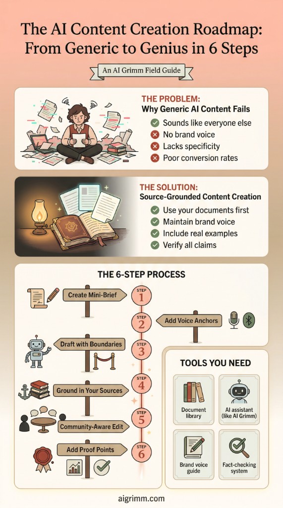 AI Grimm Field Guide infographic: "The AI Content Creation Roadmap: From Generic to Genius in 6 Steps." Six steps from mini-brief through proof, plus a tools grid for library, assistant, voice guide, and fact-checking. aigrimm.com.