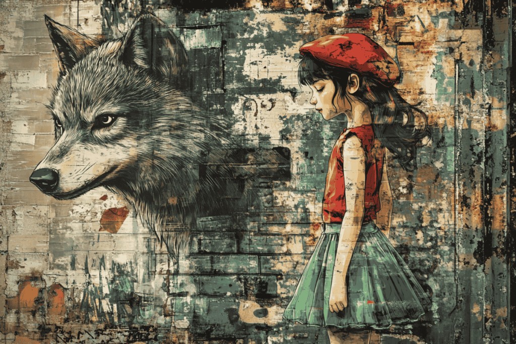 Courage to ask big questions about AI tools: street art girl in red beret facing a wolf painted on brick - the spirit behind the AI Grimm FAQ. aigrimm.com.