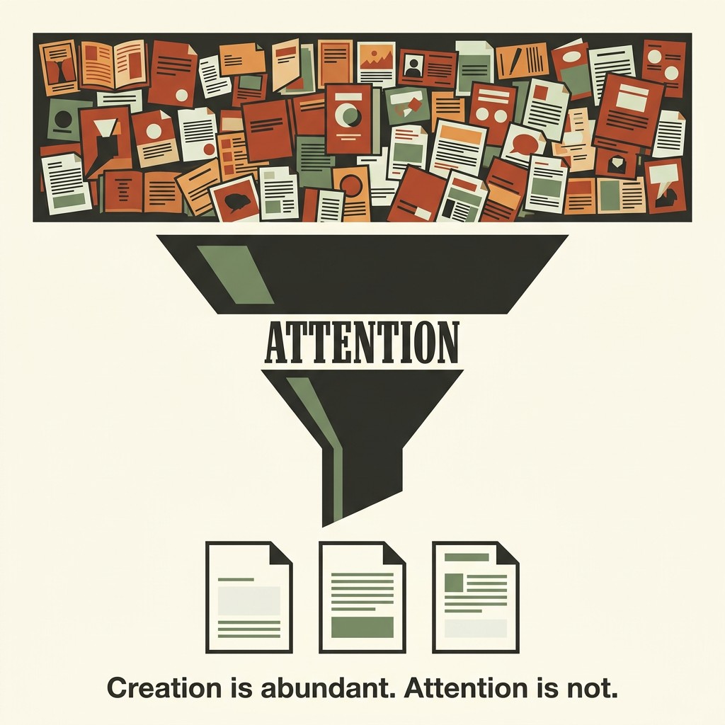 Flat vector infographic showing a flood of AI-generated documents pouring into a narrow funnel labelled Attention with only three documents emerging at the bottom - captioned Creation is abundant. Attention is not. at aigrimm.com.