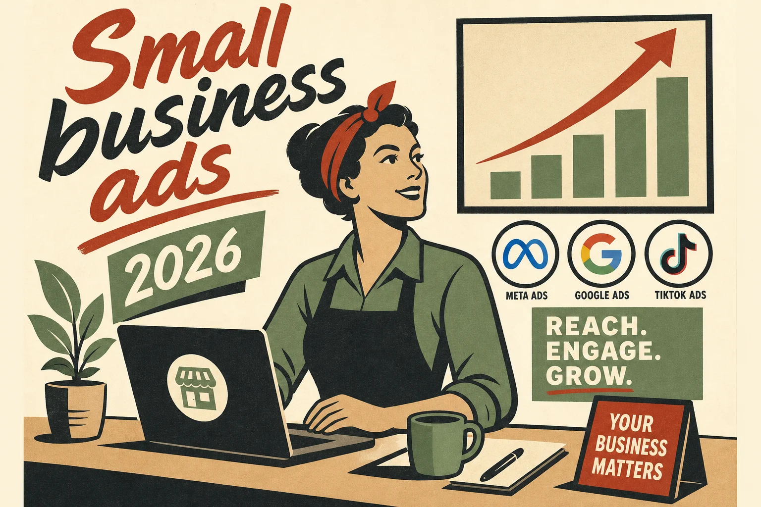 WPA New Deal poster illustration of a small business owner at a desk surrounded by ad platform icons and a rising chart, representing AI-assisted ad strategy for small businesses in 2026 at aigrimm.com.