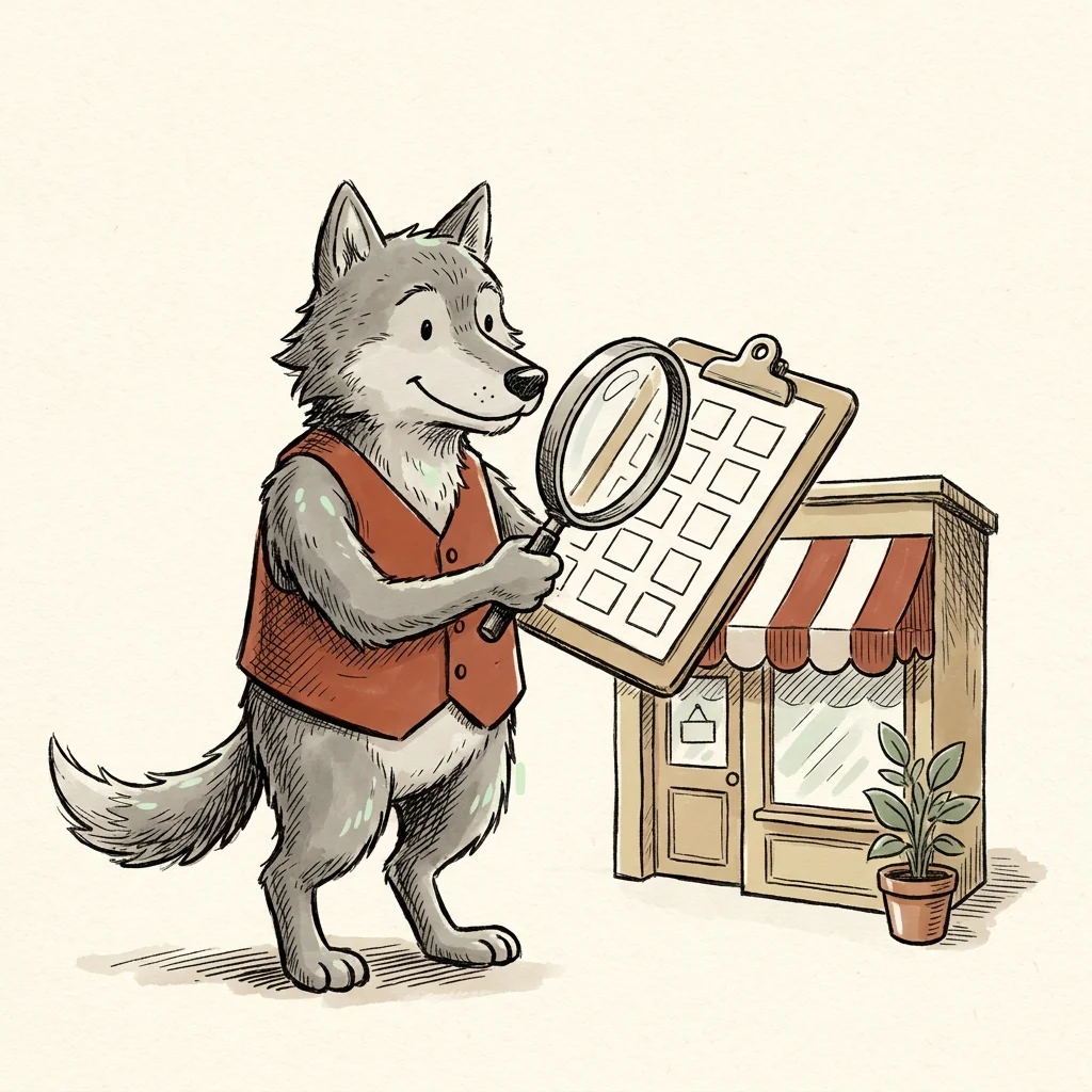 Newspaper editorial cartoon of a friendly wolf in a rust-red vest holding a magnifying glass over a blank scorecard beside a tiny shop, a kind roast of your business at aigrimm.com.