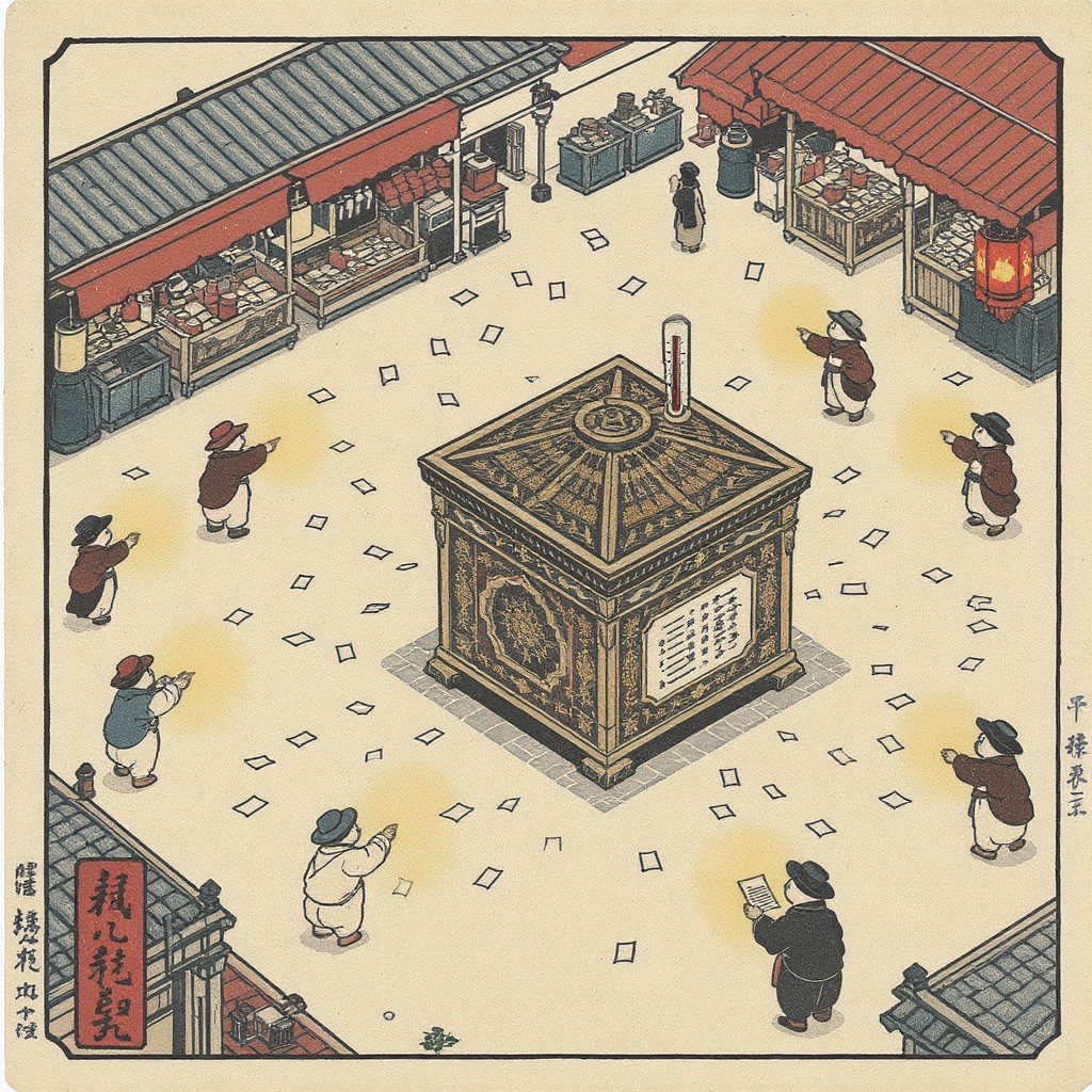 Ukiyo-e woodblock print style illustration of a busy market square with figures pointing documents toward a central ornate box with a rising thermometer - representing every coach generating AI artifacts at aigrimm.com.