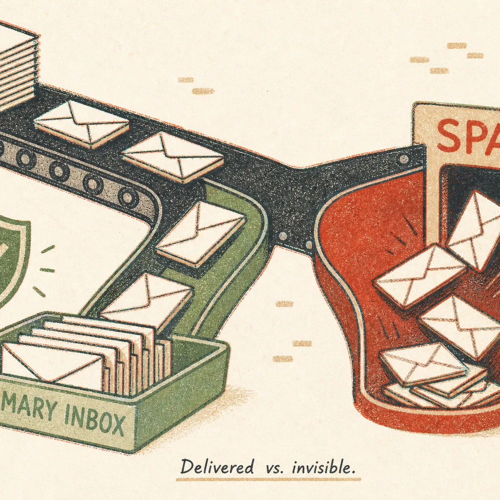 Risograph-style illustration of envelopes split between a primary inbox tray and a spam chute, showing why cold emails get no replies in 2026 at aigrimm.com.