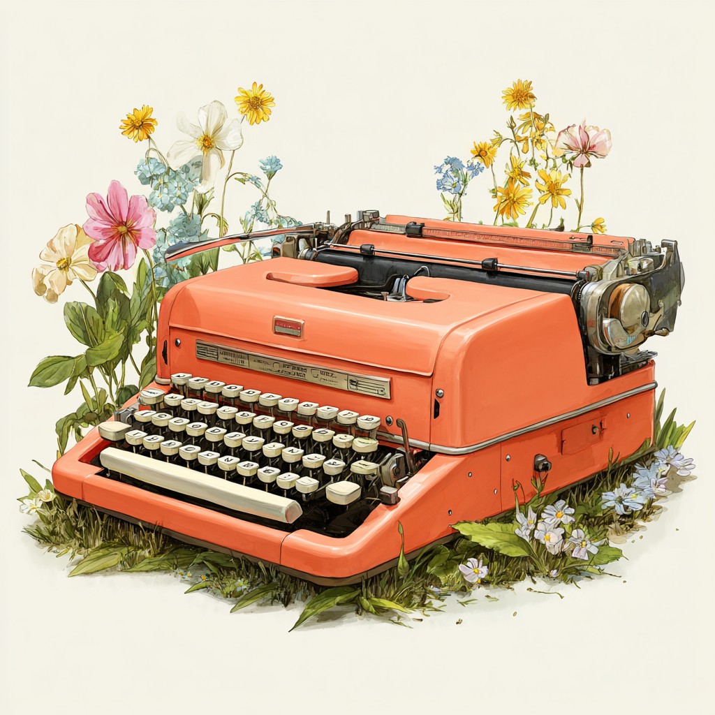 How do I make my website actually convert? Coral typewriter on wildflower grass - structured copy grounded in real client language, not a blank AI theme. aigrimm.com.