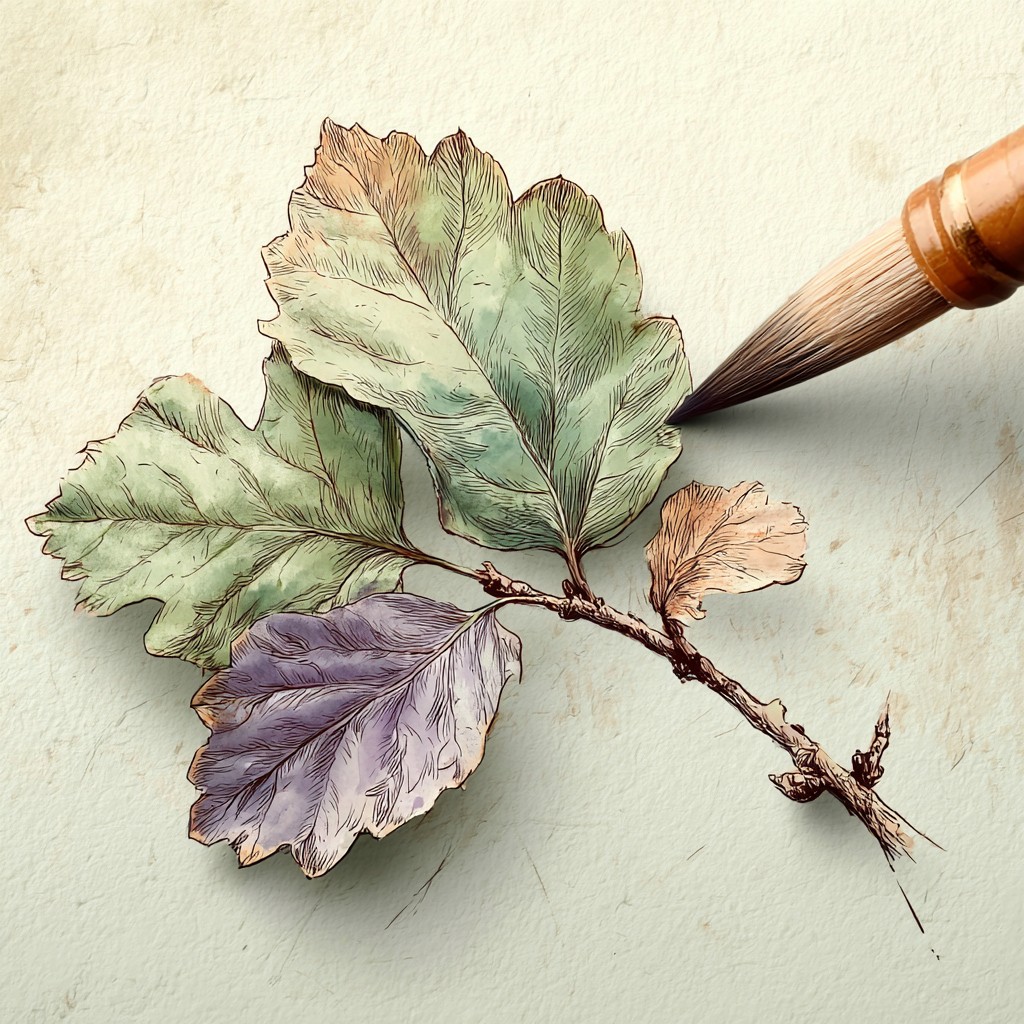 How do I do less with AI and still create better content? Watercolor oak leaves with a brush: careful, deliberate craft behind AI-assisted content creation at aigrimm.com.