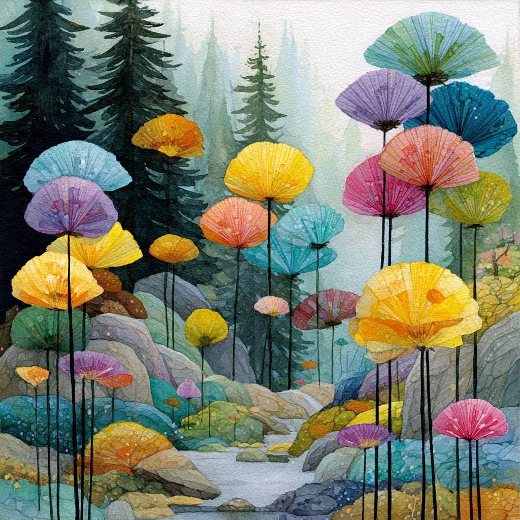 Why does generic AI content fail? Whimsical enchanted forest in golden yellow, coral, and teal - representing source-grounded AI content done right at AI Grimm. aigrimm.com.