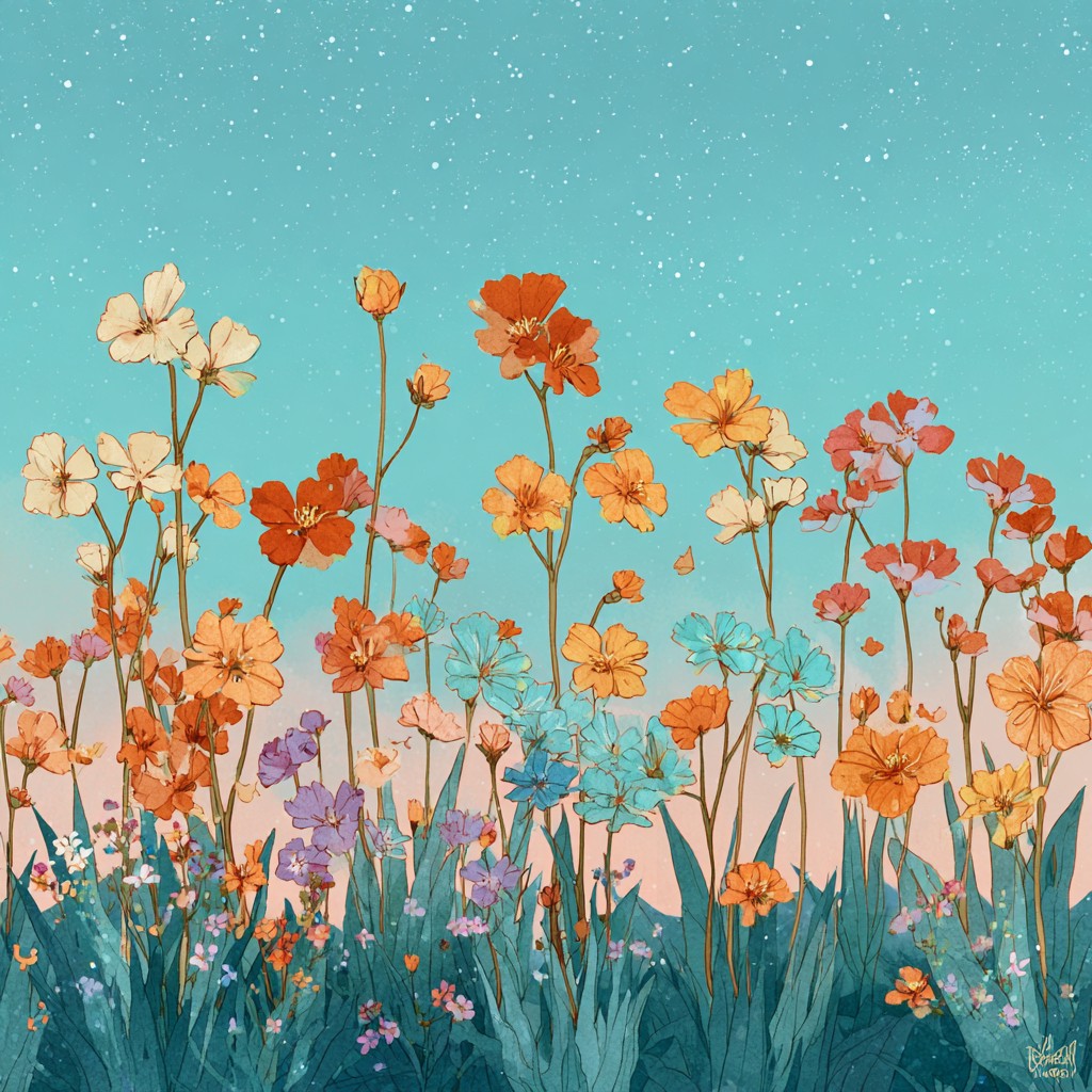 How do I go from expert to entrepreneur with AI? Colorful wildflower meadow under a starry sky, representing the AI Grimm path from expertise to digital products. aigrimm.com.