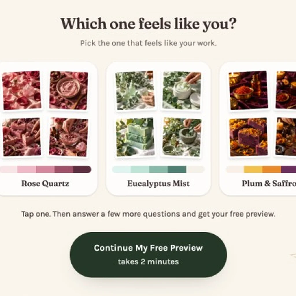 Screenshot of the free First Look preview quiz, showing the "Which one feels like you?" color board picker with choices like Rose Quartz, Eucalyptus Mist, and Plum and Saffron, that aromatherapists, herbalists, soapmakers, and skincare formulators tap to start their free homepage preview at aigrimm.com.
