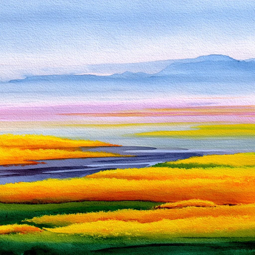 How do I package my expertise into a teachable framework? Layered watercolor from fog to open horizon, representing the AI Grimm Framework Method and Spring De-Dust. aigrimm.com.