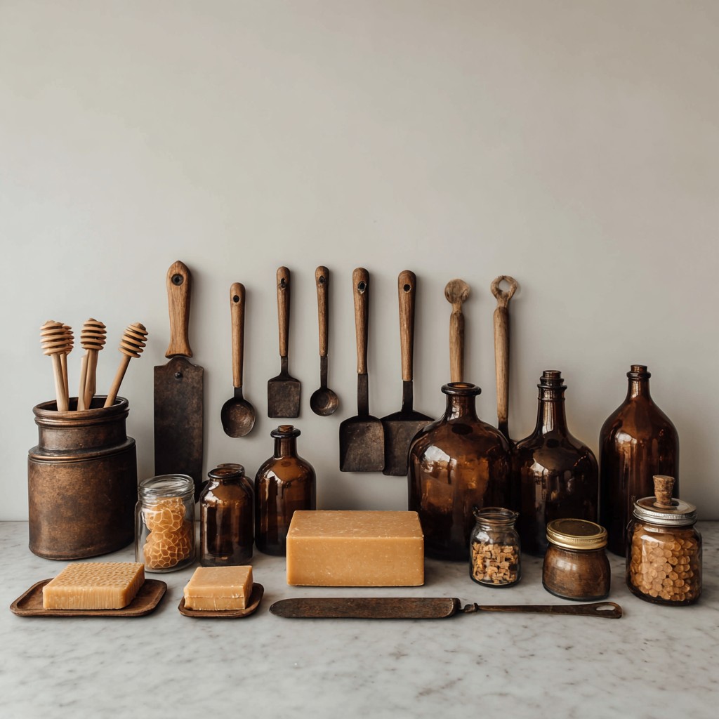 How do I turn content creation into a knowledge business? Artisan craft tools flat-lay on marble, representing expert knowledge turned into sellable products with AI Grimm. aigrimm.com.