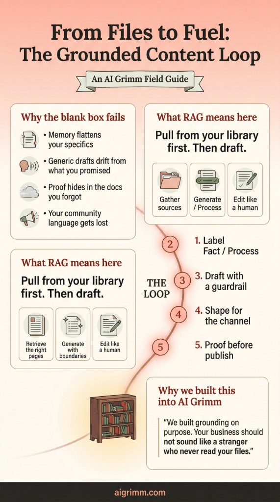 AI Grimm Field Guide infographic: "From Files to Fuel, the Grounded Content Loop." Four steps: label sources, draft with guardrails, shape for the channel, proof before publish. Built into AI Grimm on purpose. aigrimm.com.