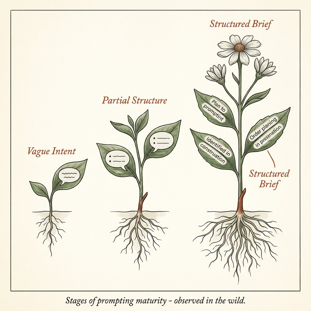 Botanical illustration showing three plants at different growth stages labelled Vague Intent, Partial Structure, and Structured Brief - representing the stages of prompting maturity at aigrimm.com.