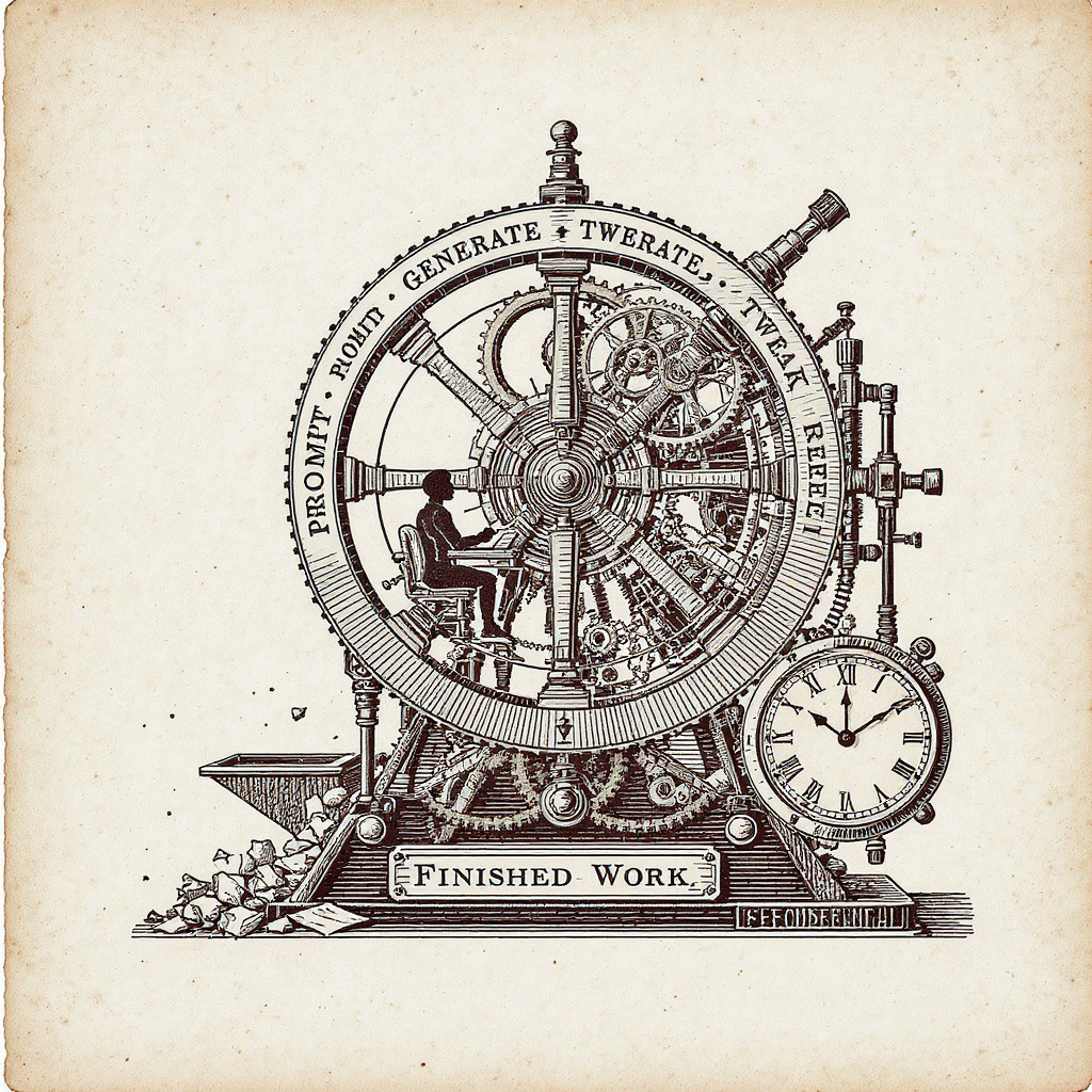Victorian mechanical engraving of a gear-driven wheel labeled Prompt, Generate, Tweak, Repeat with a figure at a desk inside the mechanism and an empty Finished Work tray at the base - representing the AI iteration loop at aigrimm.com.