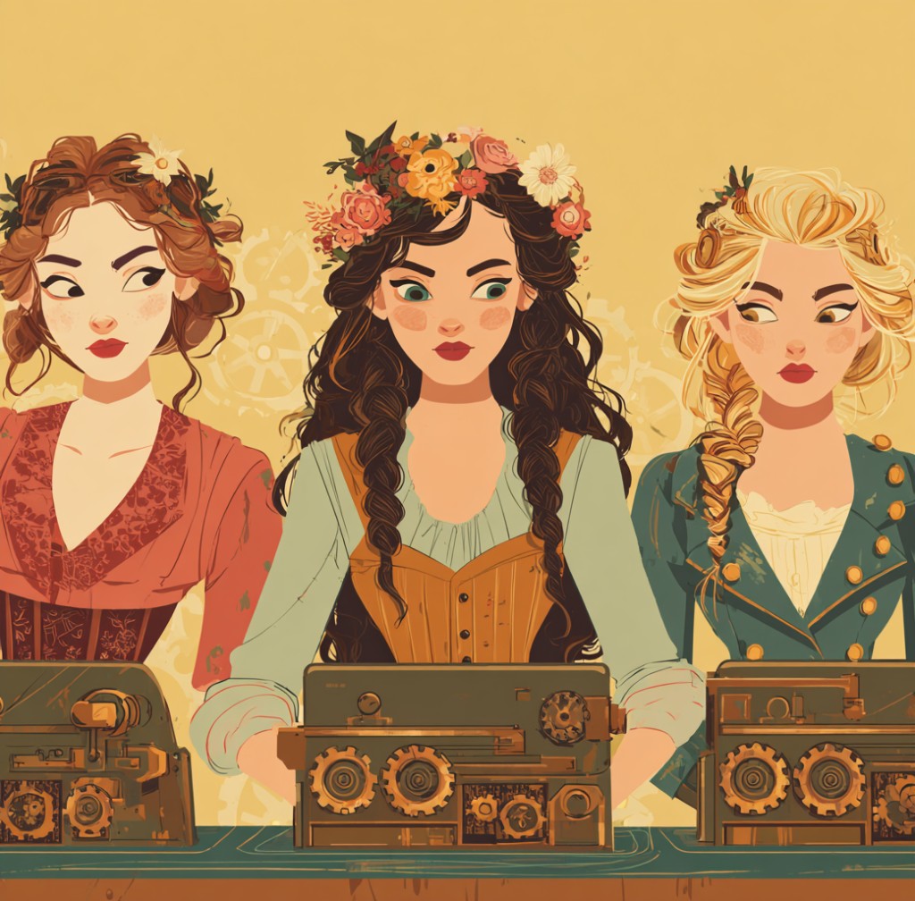 How do I create a lead magnet that converts? Three steampunk women at ornate brass typewriters - the craft of bridging free value to a paid offer at AI Grimm. aigrimm.com.