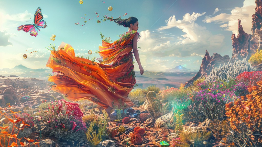 What AI tools do I actually need as a creator? Woman in orange walking through wildflowers and gold coins - focused intention over chasing every shiny new AI tool. aigrimm.com.