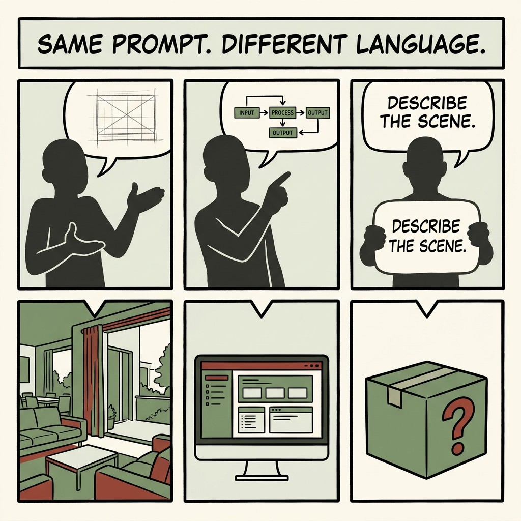 Comic strip showing three silhouettes with different speech bubbles prompting the same AI - designer gets a room layout, engineer gets a functional interface, third person gets a question mark box - illustrating that same prompt means different things at aigrimm.com.
