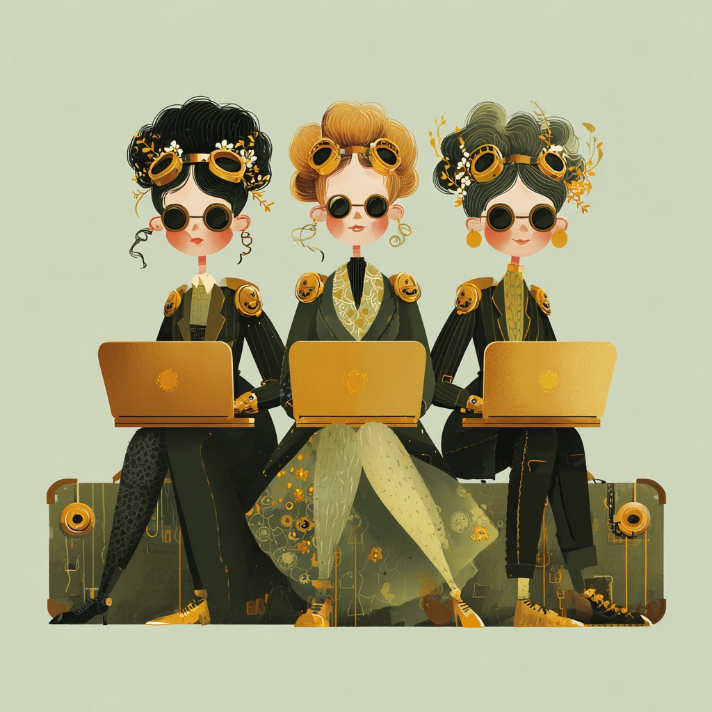 Can I outline an online course in one hour with AI? Three steampunk women with gold laptops on a vintage trunk - focused AI Grimm session turning one idea into a course skeleton. aigrimm.com.