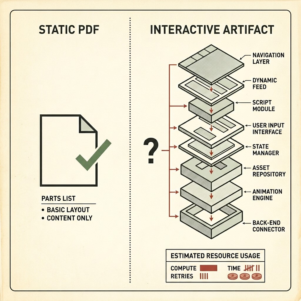 1950s technical manual split diagram: Static PDF on the left with a simple checkmark document versus Interactive Artifact on the right showing eight exploded layers from navigation to back-end connector, with an estimated resource usage key for compute, retries, time, and cost - at aigrimm.com.