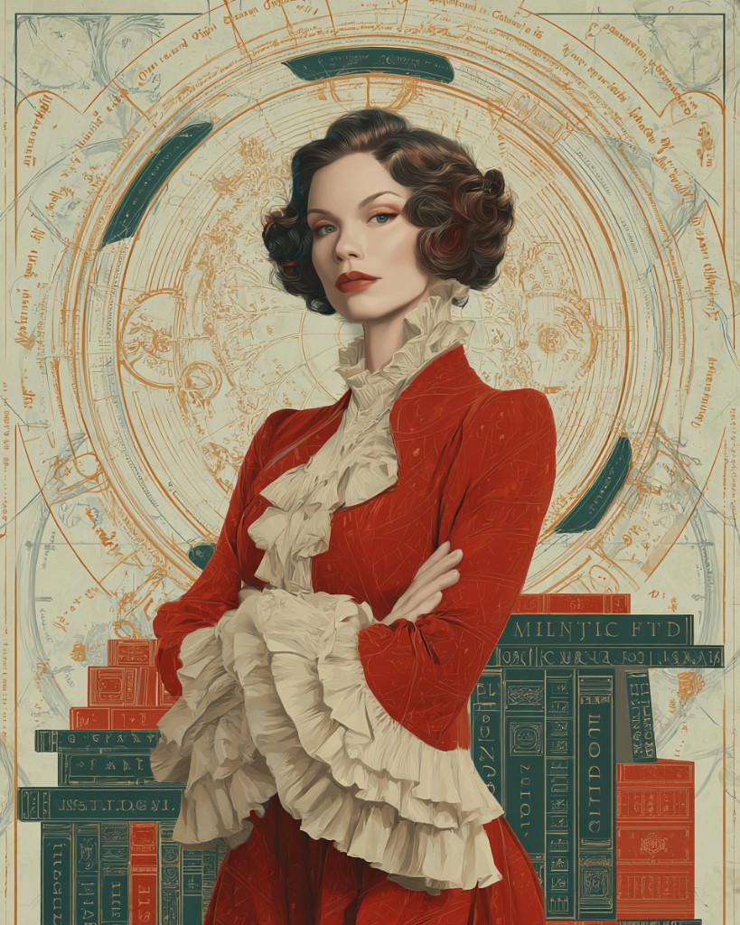 How do I price my services with confidence? Woman in red Victorian jacket before book stacks and star charts - the authority behind fair pricing with AI Grimm. aigrimm.com.