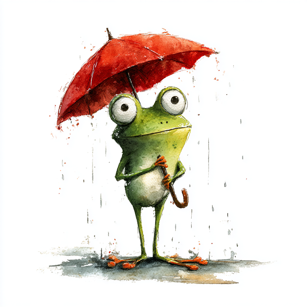How do I repurpose content without losing my voice? Green frog holding a red umbrella in the rain - an AI Grimm system that keeps your voice intact. aigrimm.com.