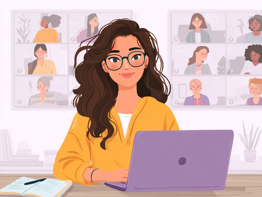How do I turn scattered content into a sellable offer? Creator in a yellow hoodie at a laptop with a community behind her - the AI Grimm approach to digital products. aigrimm.com.