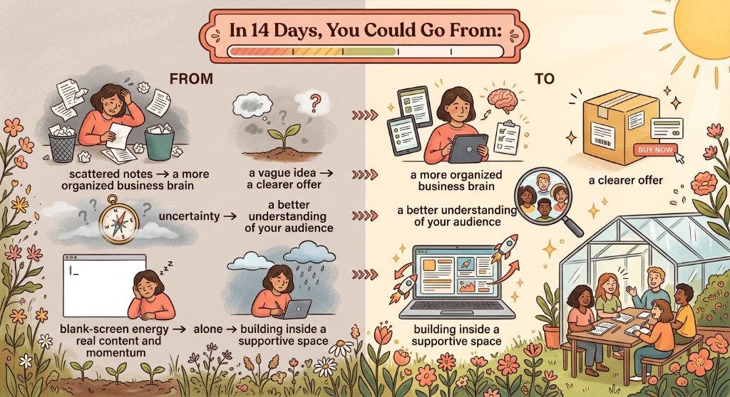 Spring De-Dust infographic: "In 14 days go from scattered notes and blank-screen stalls to an organized business brain, clearer offer, content momentum, and a supportive community." AI Grimm. aigrimm.com.