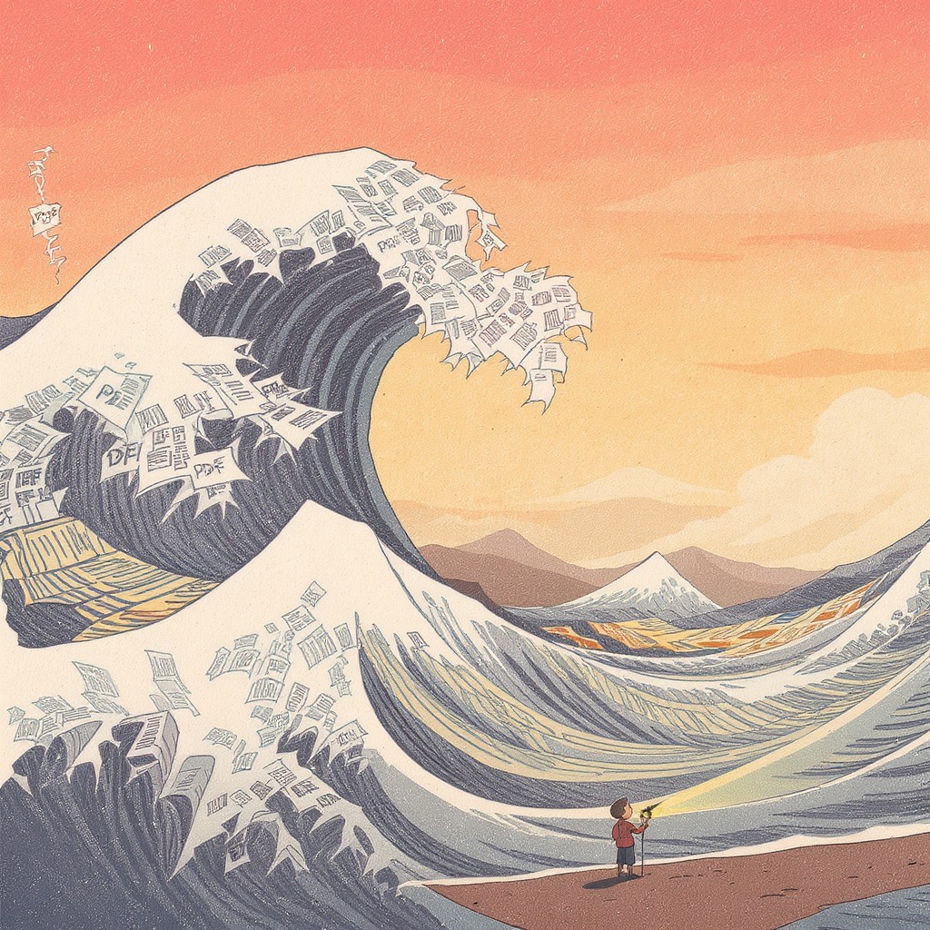Great Wave parody illustration showing a towering wave made of PDFs and documents crashing toward a tiny figure holding a spotlight on the shore - representing the content tsunami overwhelming creator attention at aigrimm.com.