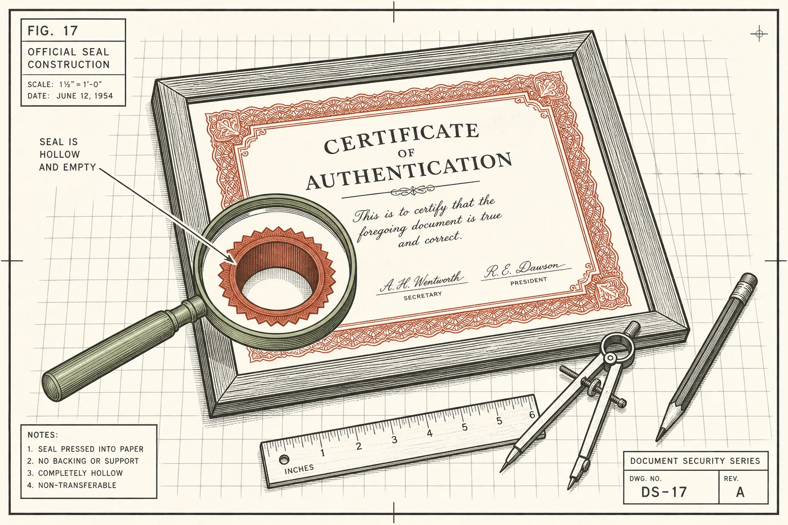 1950s blueprint-style illustration of a framed certificate on a drafting table with a magnifying glass revealing an empty seal - representing the hollow value of vibe coding certifications at aigrimm.com.