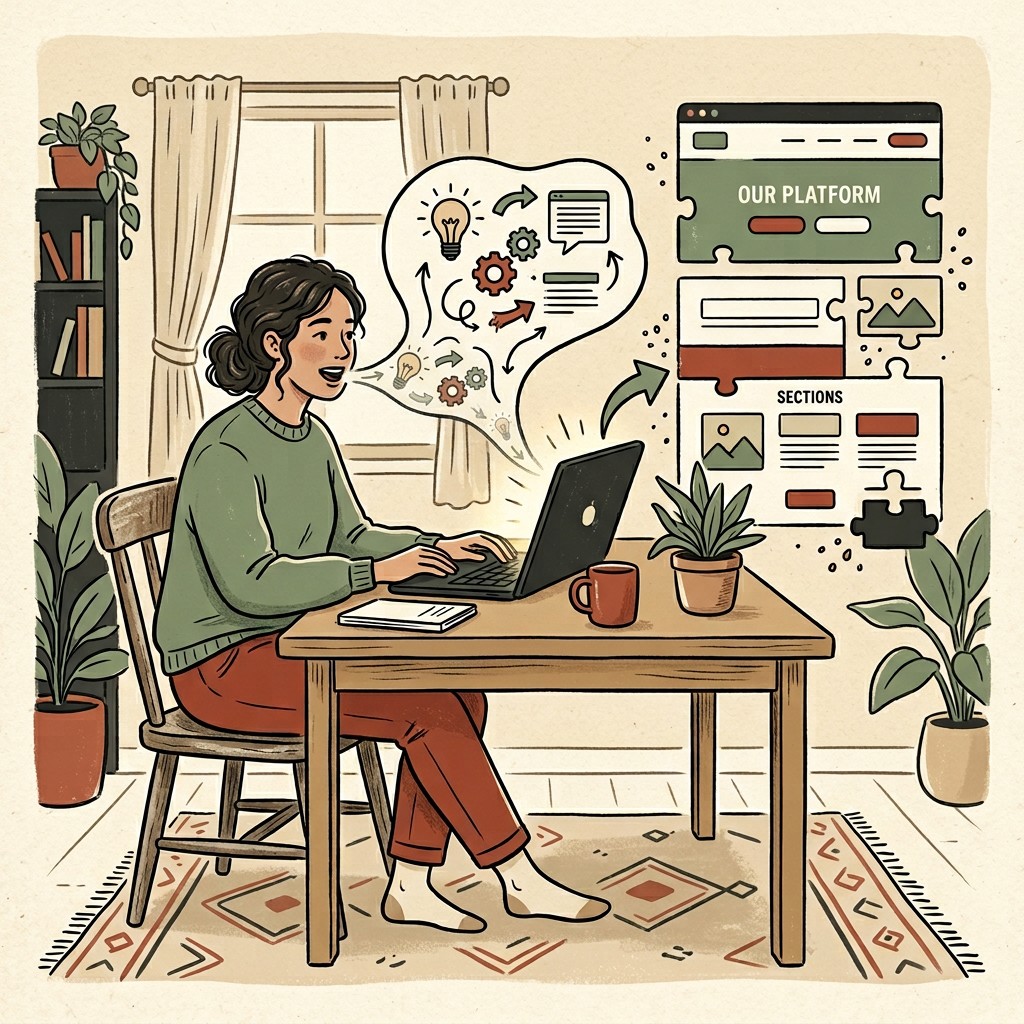 Storybook illustration of a woman at a wooden desk typing on a laptop with a thought bubble showing gears and ideas flowing into a structured website wireframe materialising beside her - representing the translation from vague intent to structured brief at aigrimm.com.