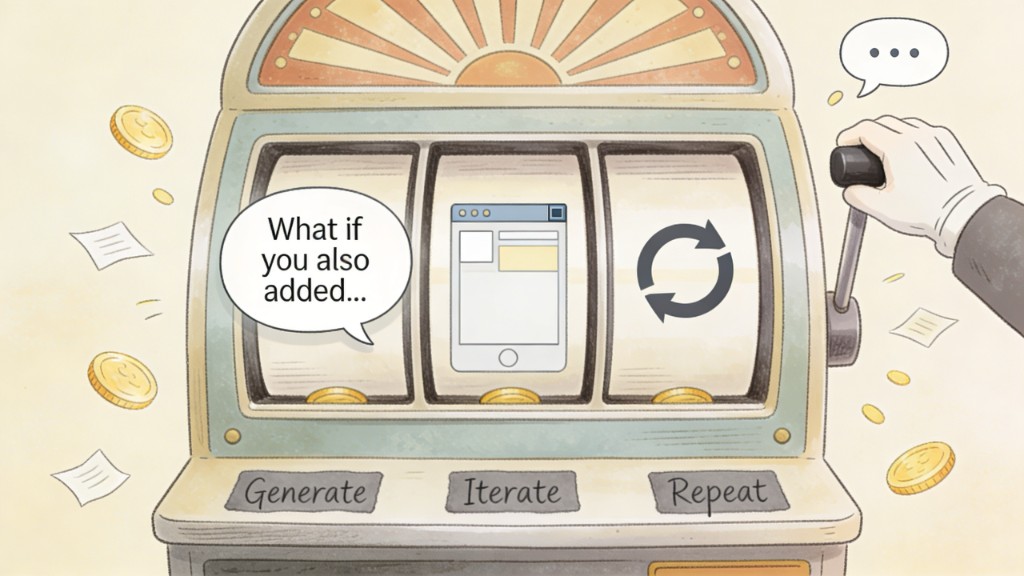 Editorial storybook illustration of a slot machine with AI prompt reels labeled Generate, Iterate, Repeat - showing the compulsive loop of vibe coding for coaches at aigrimm.com.