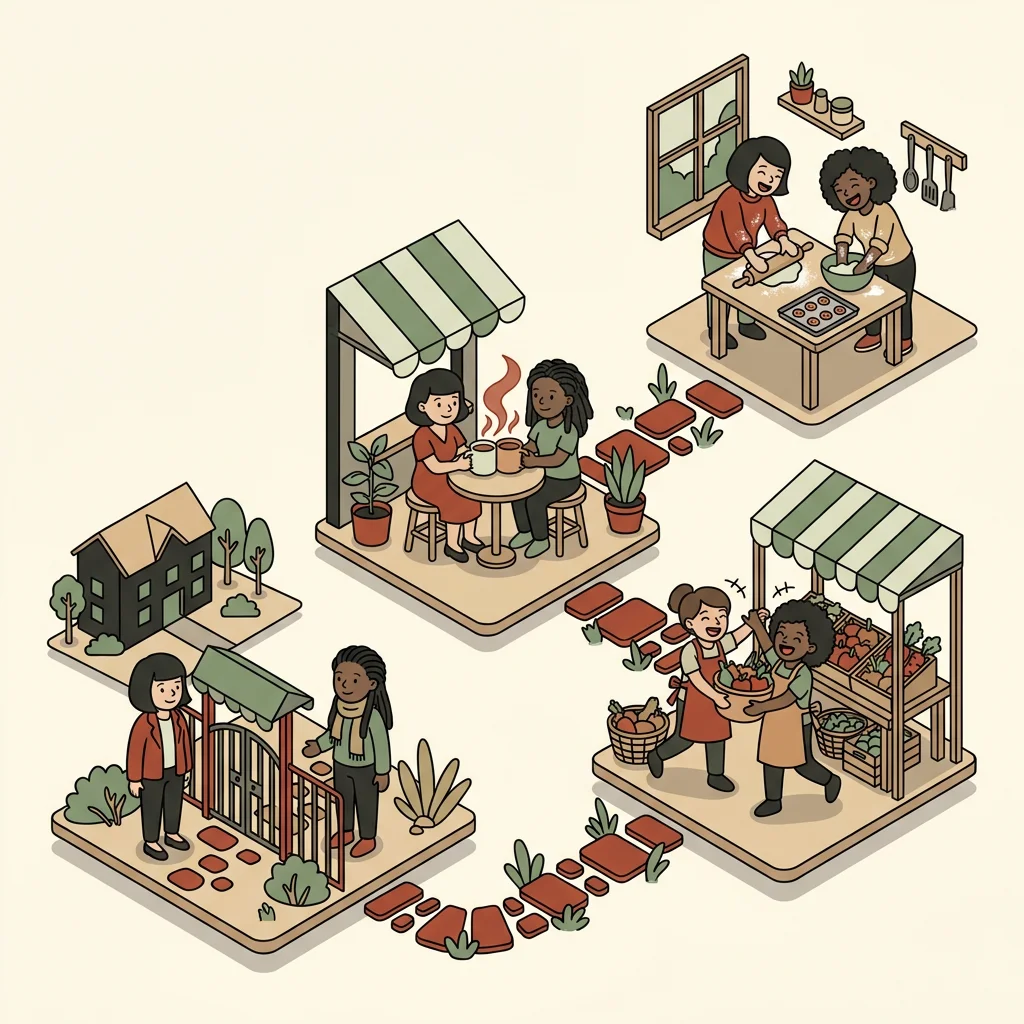 Isometric flat illustration of a stepping-stone path linking four small scenes where two women become friends: a nod at a gate, a shared coffee, a market meeting, and baking together at a kitchen table, showing a funnel as a friendship at aigrimm.com.