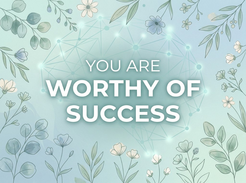 What does AI Grimm Society believe? Graphic with embedded text "You Are Worthy of Success" on a mint constellation background with wildflower botanicals. aigrimm.com.