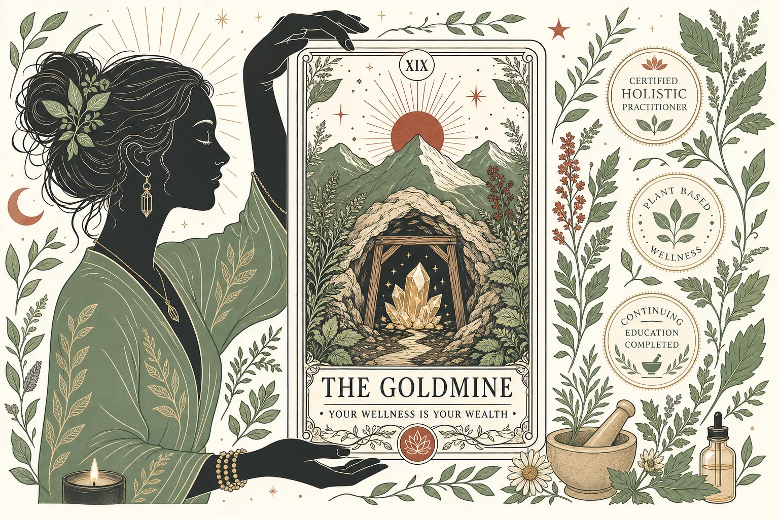 Tarot card illustration showing a wellness practitioner holding a card labelled The Goldmine, surrounded by botanical and certification symbols, representing the hidden business potential of expert knowledge at aigrimm.com.