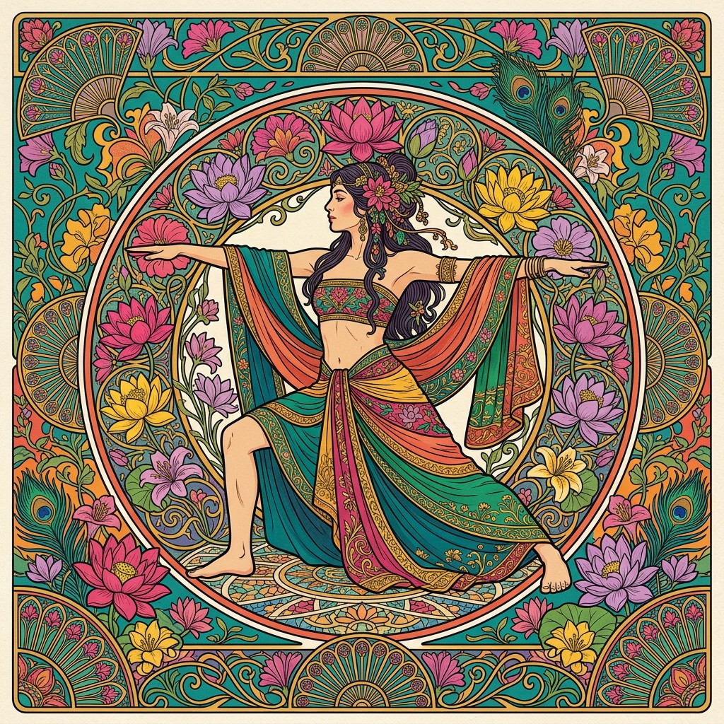 Art Nouveau illustration of a woman in warrior yoga pose at the center of an ornate botanical mandala with lotus blossoms, peacock feathers, and jewel-toned flowers in fuchsia, teal, gold, and lavender - representing perseverance and strength through stillness at aigrimm.com.